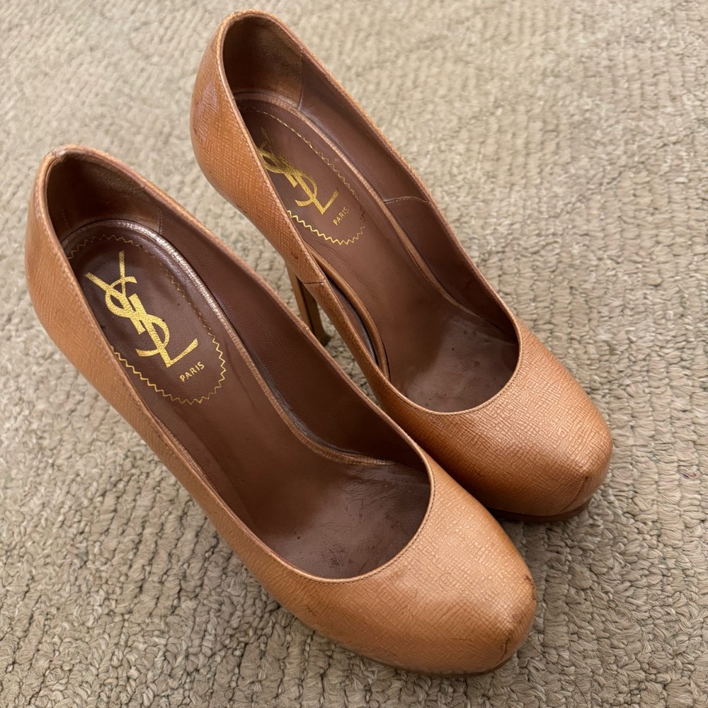 YSL Platform Stiletto Pump Heels Designer Luxury Round Toe Nude Size 37/6